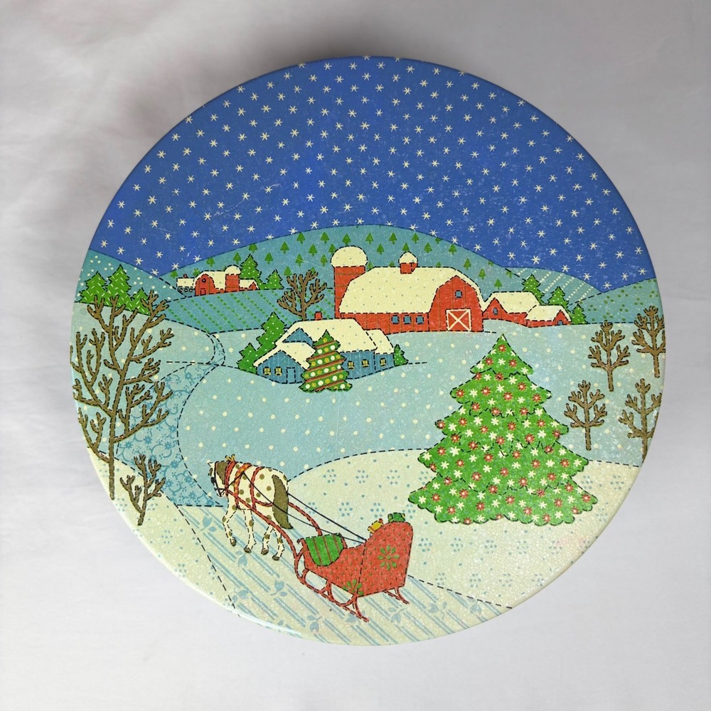 Potpourri Press Vintage Christmas Tin Horse Sleigh Winter Scene Blue Polka Dot